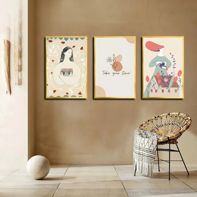 تابلو بکلیت طرح نقاشی مدرن و فانتزی مدل T-4004 فریم طلایی مجموعه 3 عددی