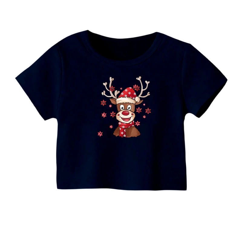 کراپ‌ تی‌شرت آستین کوتاه زنانه مدل گوزن کریسمس کد 20