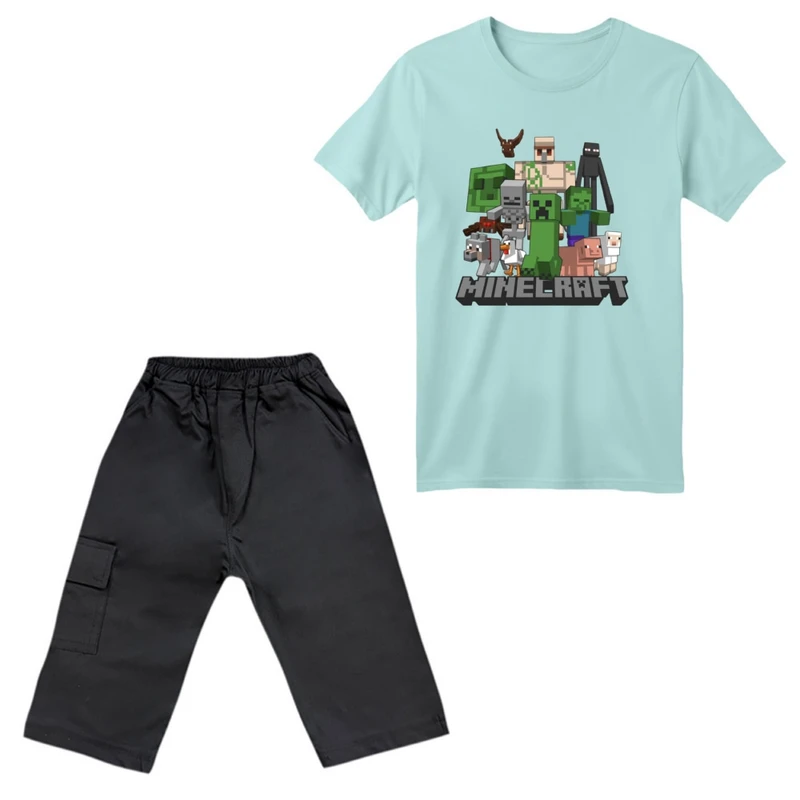 ست تی‌شرت آستین کوتاه و شلوارک پسرانه مدل ماینکرفت کد 004 رنگ آبی روشن
