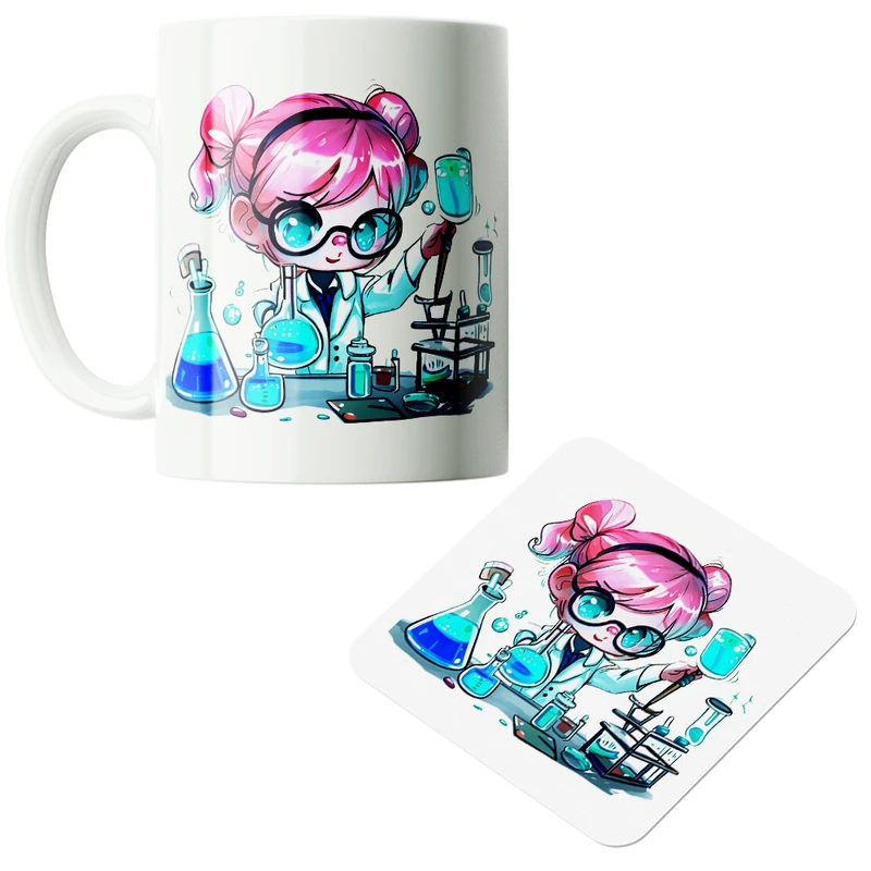 ماگ پاد آفرین مدل دخترانه شیمی آزمایشگاه شیمیدان مهندس شیمی کد PZ094 به همراه زیرلیوانی