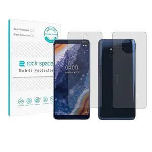 Rockspace HyGEL model transparent screen protector suitable for Nokia 9 Pureview mobile phone along with the back of the phone
