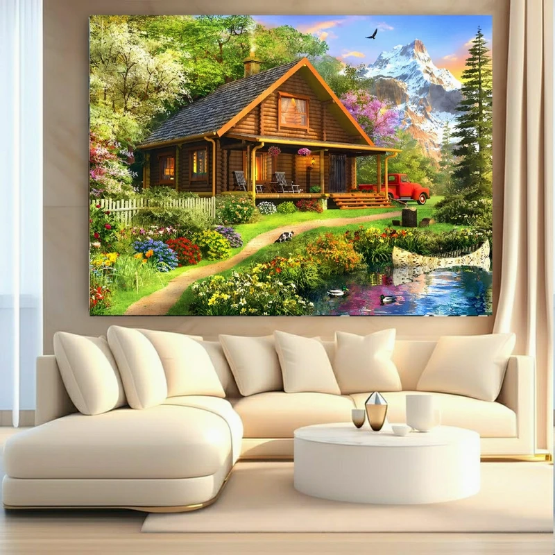 تابلو بوم طرح مخمل نقاشی منظره کوهستان مدل خانه باغ سرسبز کد PY673