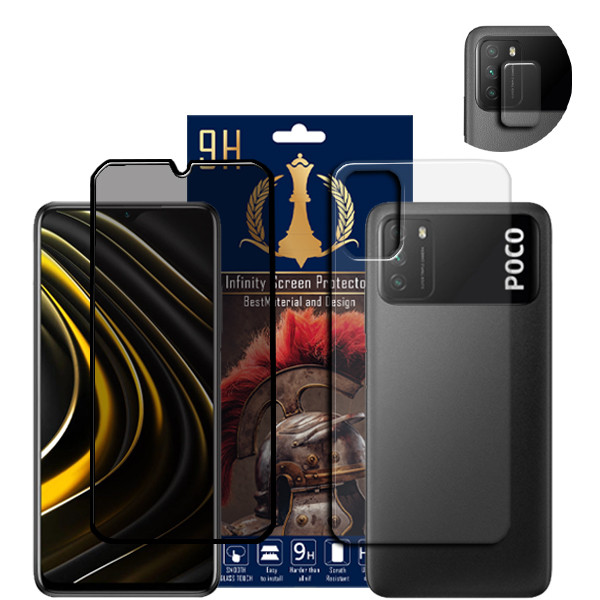 محافظ صفحه نمایش حریم شخصی اینفینیتی مدل Pro Max مناسب برای گوشی موبایل شیائومی Poco M3 به همراه محافظ لنز دوربین و محافظ پشت گوشی