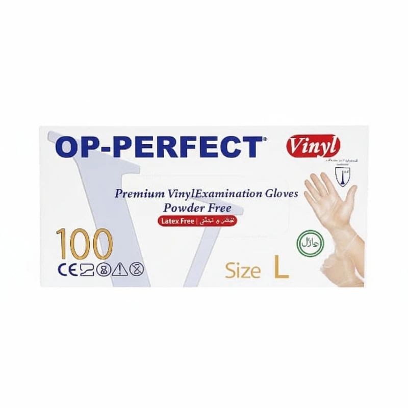 دستکش وینیل غیر پودری حریر مدل اوپی پرفکت سایز بزرگ (L) بسته ۱۰۰ عددی