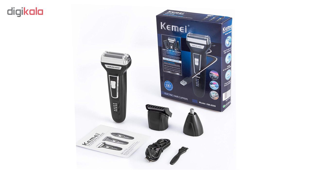 ماشین اصلاح موی صورت کیمی مدل KM-6559، اصلاح به صورت صفر زن، خط زن، دارای سه سری مخصوص برای اصلاح صورت، سر، گوش و بینی، منبع انرژی با کابل USB، تکنولوژی اصلاح به صورت برش چرخشی، مدت زمان شارژ 480 دقیقه و مدت زمان استفاده پس از شارژ 60 دقیقه -  - 3