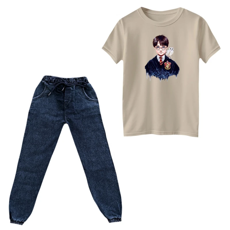 ست تی‌شرت و شلوار پسرانه مدل هری پاتر کد 8 رنگ کرم