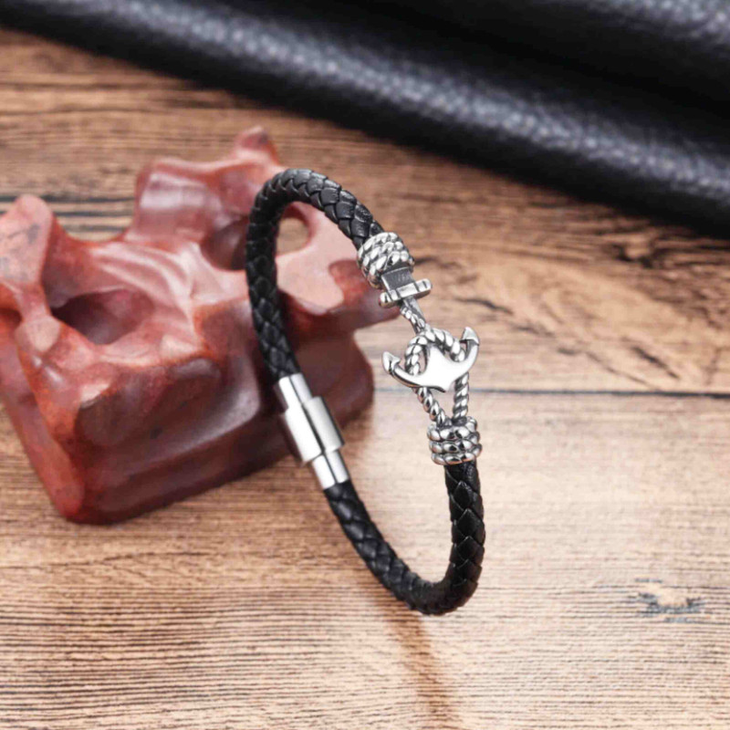 دستبند مردانه مدل ملوانی لنگر چرم کد 1400