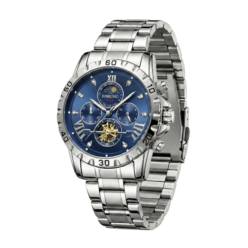 ساعت مچی عقربه‌ای کوارتز مردانه بین باند مدل کلاسیک سه موتور فعال کرنوگراف بند استیل قفل مخفی کد B002
