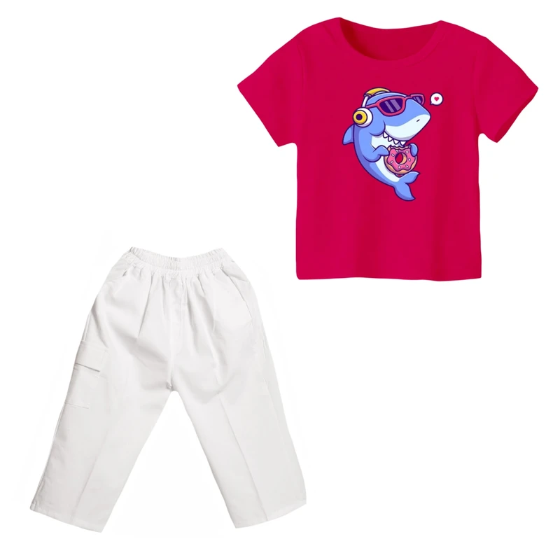 ست تی شرت و شلوارک دخترانه مدل کوسه کد ۳