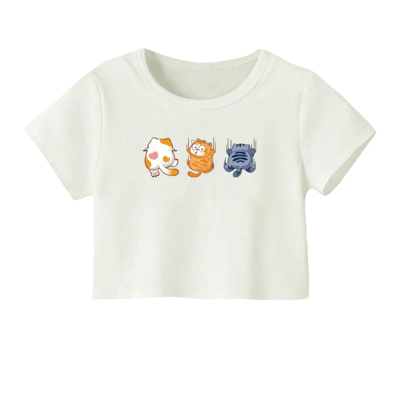 کراپ‌ تی‌شرت آستین کوتاه زنانه مدل گربه های آویز