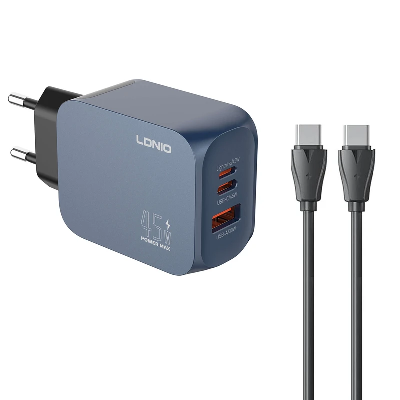 شارژر دیواری 45 وات 3 پورت الدینیو مدل Q6 به همراه کابل USB-C
