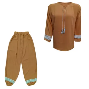 ست تونیک و شلوار زنانه مدل نخی ابر و بادی یقه کوبایی بنددار کد d501