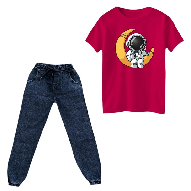 ست تی‌شرت و شلوار پسرانه مدل فضانورد کد ۱۱  رنگ سرخابی