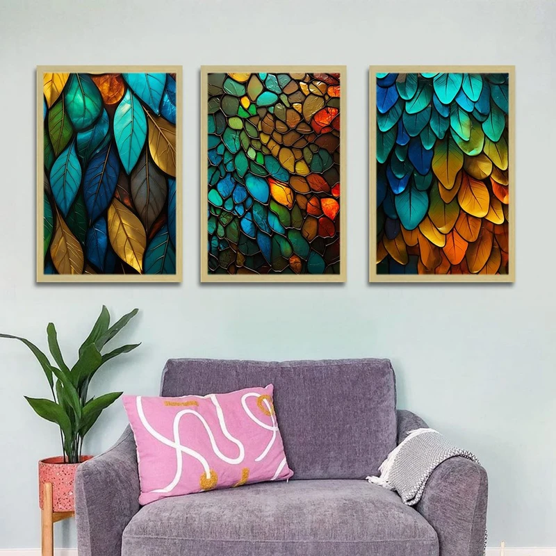 تابلو بکلیت طرح نقاشی دکوراتیو برگ و خزان مدل BE-1359 مجموعه 3 عددی