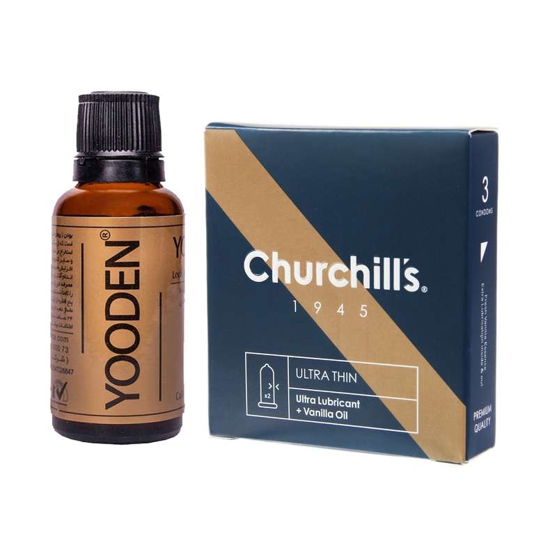 کاندوم چرچیلز مدل SO Ultra Thin بسته 3 عددی به همراه روغن یودن مدل 01 حجم 30 میلی لیتر کاندوم چرچیلز مدل SO Ultra Thin بسته 3 عددی به همراه روغن یودن مدل 01 حجم 30 میلی لیتر