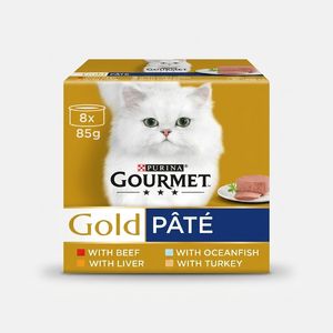کنسرو غذای گربه بالغ گورمت مدل Gold Pate بافت  پته  با طعم ماهی، بوقلمون، گوشت گاو و جگر بسته 8 عددی