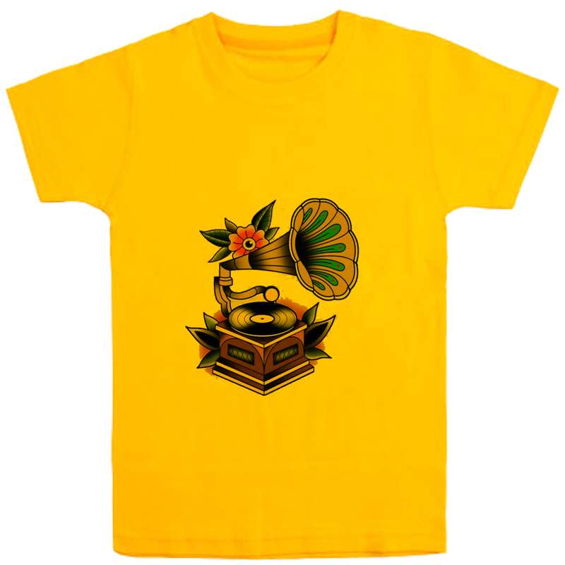 تی شرت آستین کوتاه دخترانه مدل گرامافون D67 رنگ زرد