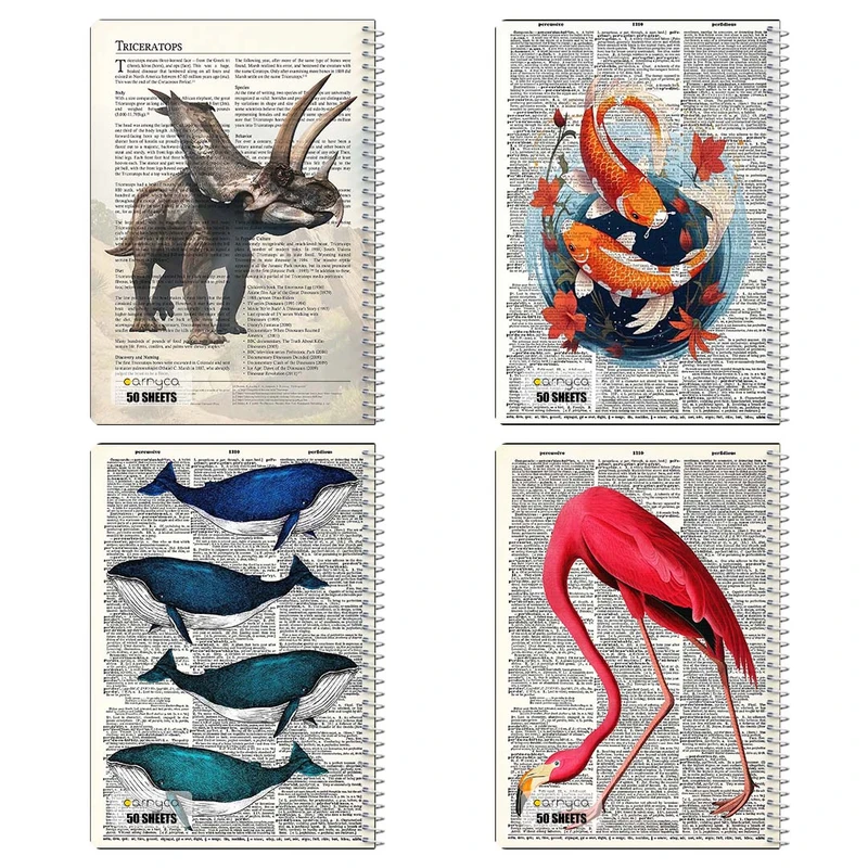 دفتر نقاشي 50 برگ کارنيکا طرح روزنامه وینتج حیوانات Vintage Newspaper Animals کد 30892 مجموعه 4 عددی