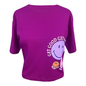 تی شرت آستین کوتاه زنانه مدل   استیکر لبخند کد 1557 رنگ سرخابی