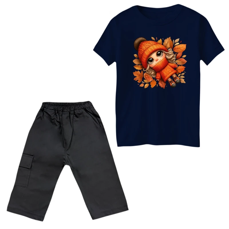 ست تی‌شرت آستین کوتاه و شلوارک دخترانه مدل دختر پاییزی رنگ سورمه ای