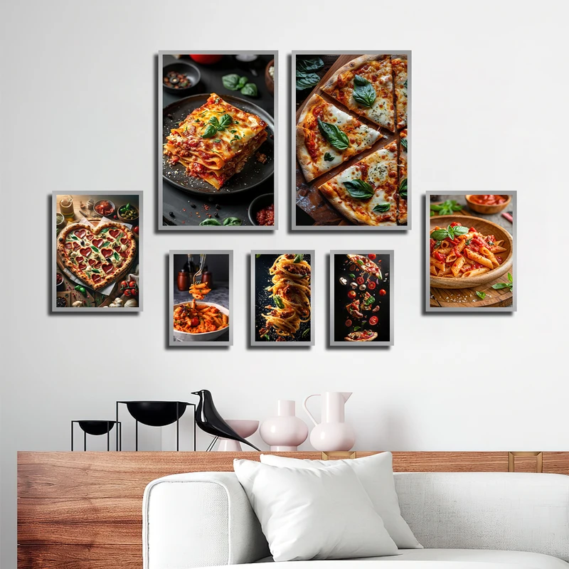 تابلو بکلیت طرح رستوران و فست فود و لازانیا و پیتزا مدل SI-3796 فریم نقره ای مجموعه 7 عددی