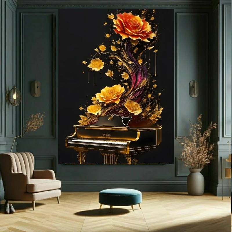 پوستر دیواری طرح پیانو و گل رز کد FP105325