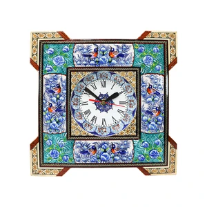 ساعت دیواری خاتم کاری مدل مربع گوشه دار طرح گل و مرغ برجسته کد 30d13-1f4BlGr
