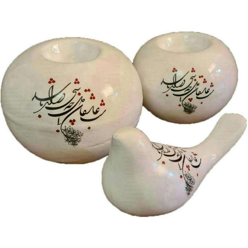 ست 3 تکه جاشمعی و مجسمه سفالی طرح دلنوشته 