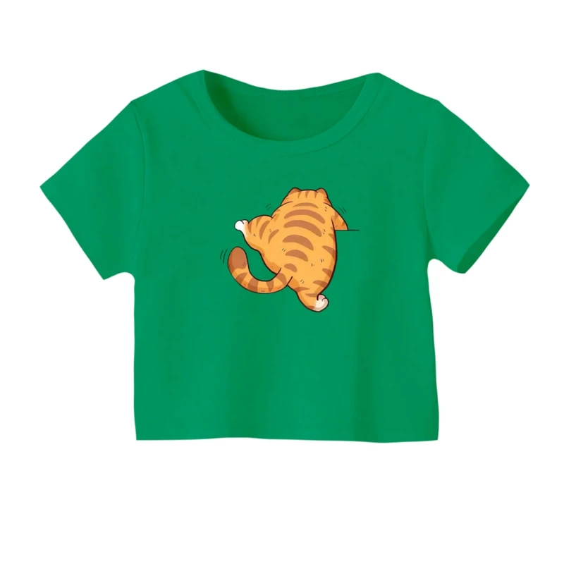 کراپ‌ تی‌شرت آستین کوتاه زنانه مدل گربه چاقالو