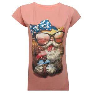 تی شرت آستین کوتاه زنانه مدل نخی ویسکوز چاپی گربه بستنی خور کد tm-2167 