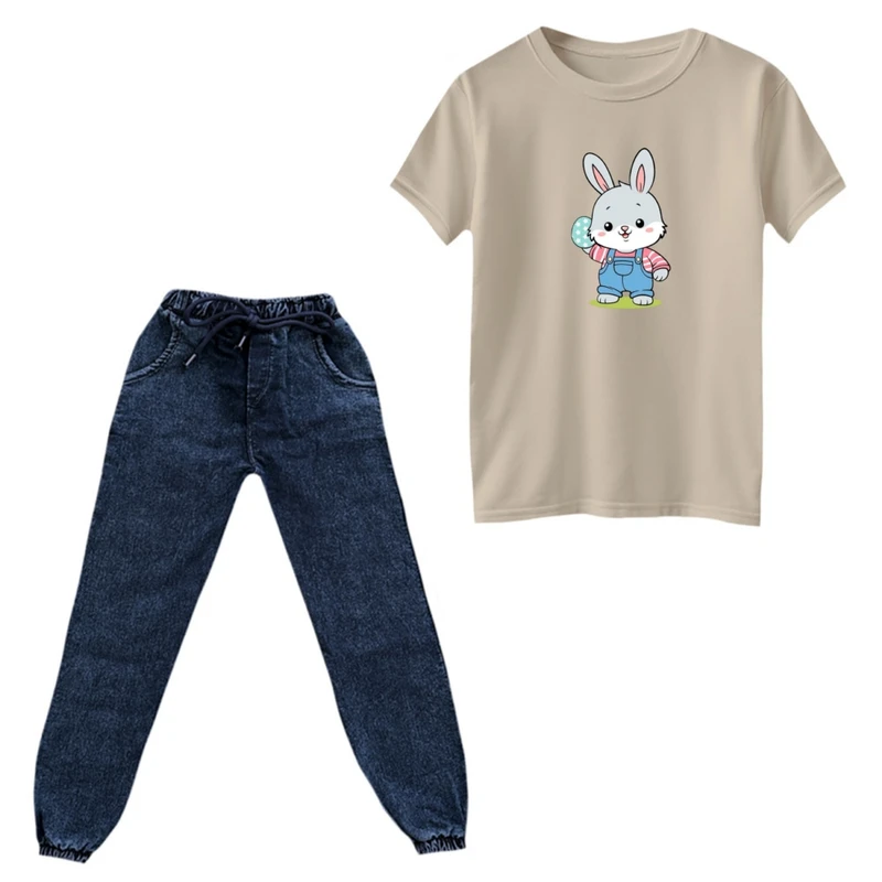 ست تی‌شرت و شلوار پسرانه مدل خرگوش کد 04 رنگ کرم