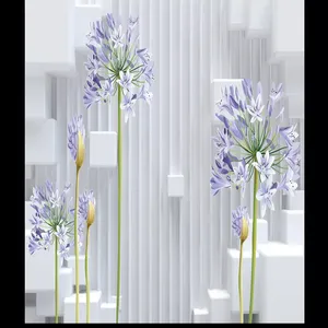پوستر دیواری سه بعدی مدل شاخه گل بنفش زمینه راه راه DVRF1463