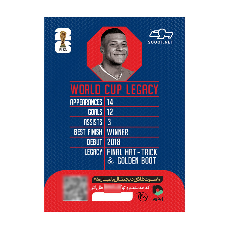 شمش طلای دیجیتال 18 عیار سوت مدل امباپه MBAPPE طرح کارت فوتبالی جام جهانی 2026 کد SO10081026 - 3