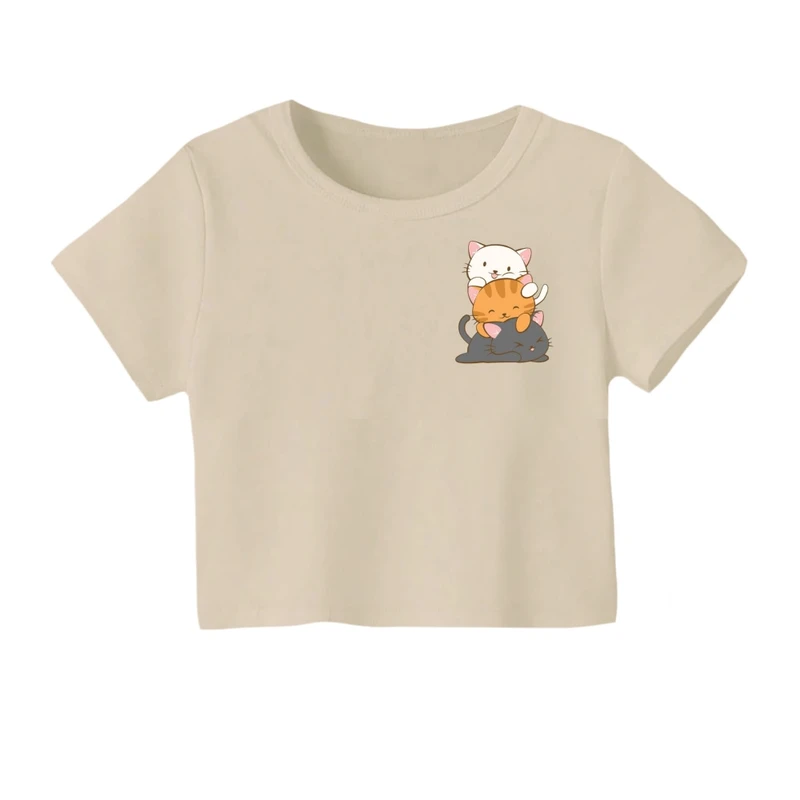 کراپ‌ تی‌شرت آستین کوتاه زنانه مدل گربه های خندان