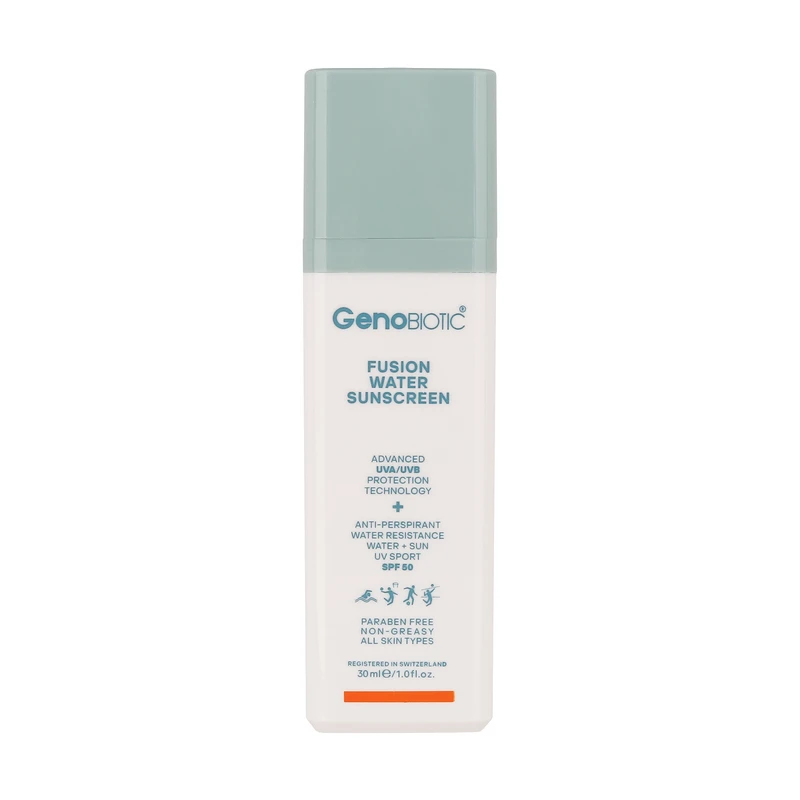 کرم ضدآفتاب بی‌رنگ ژنوبایوتیک، مدل Fusion water، حاوی محافظ UVA ،UVB، ضدآب، فاقد چربی، بدون پارابن، حاوی ویتامین E و هیالورونیک اسید مناسب انواع پوست، حجم 30 میلی‌لیتر