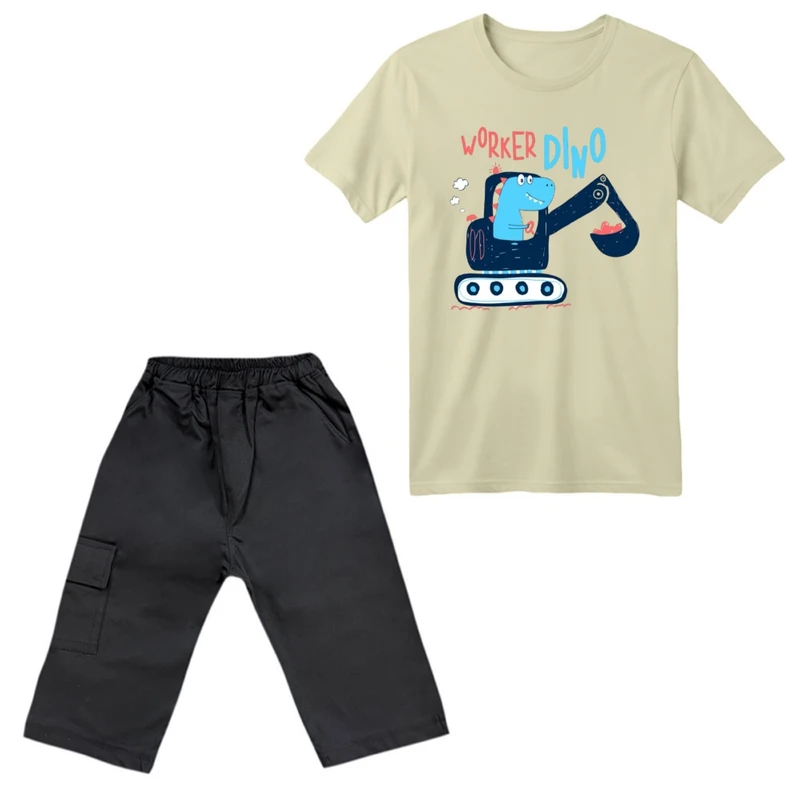 ست تی‌شرت آستین کوتاه و شلوارک پسرانه مدل دایناسور کد ۱۷