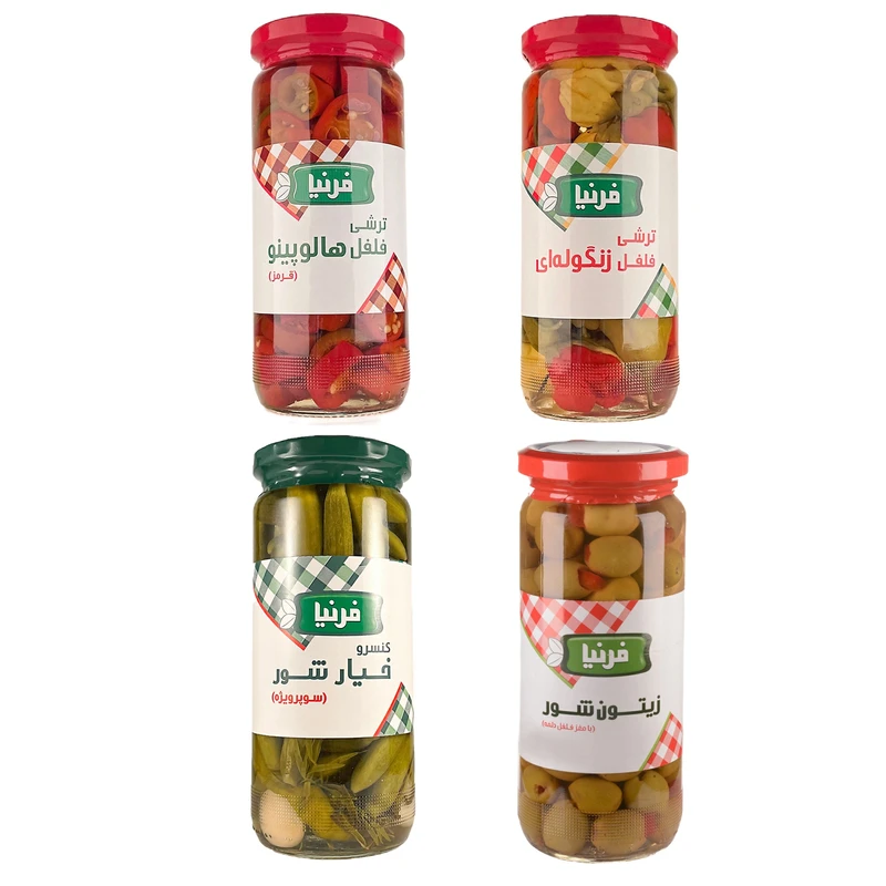 خیار شور و زیتون شور با مغز فلفل دلمه و ترشی فلفل هالوپینو قرمز و فلفل زنگوله ای فرنیا- 500 گرم مجموعه 4 عددی