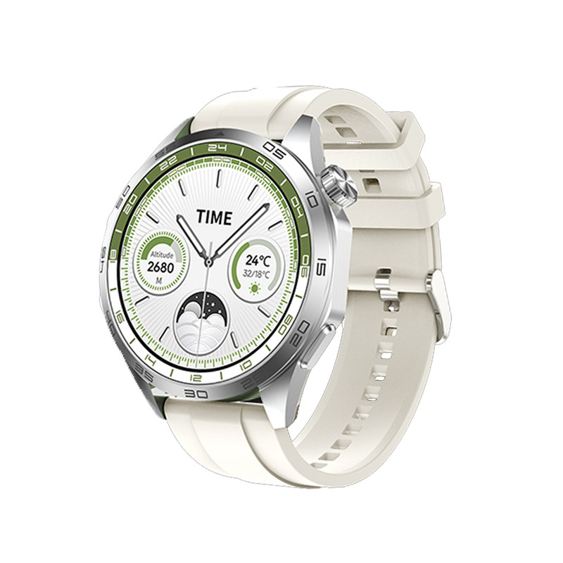 ساعت هوشمند مدل GT4 دارای قابلیت های شمارنده ضربان قلب، کنترل سطح اکسیژن خون، کنترل فشار خون، کنترل موسیقی، گام شمار، قطب نما، بند سیلیکون