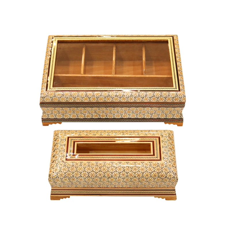 ست جعبه و جعبه دستمال کاغذی خاتم کاری صنایع دستی فاخر مدل ممتاز کد MQGold