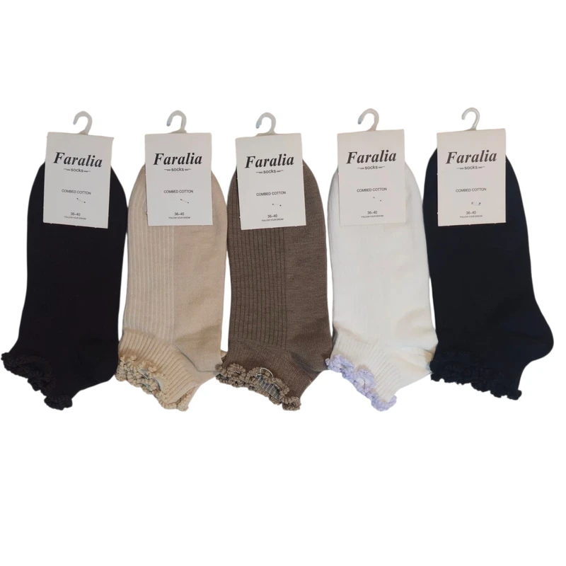 جوراب زنانه مدل ساده مچی لبه چین دار بسته 5 عددی