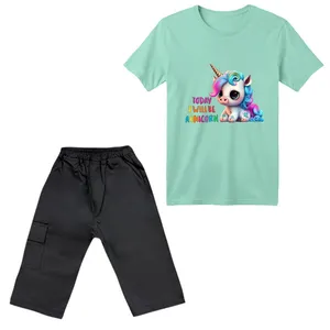 ست تی‌شرت آستین کوتاه و شلوارک دخترانه مدل یونیکورن کد ۴۲