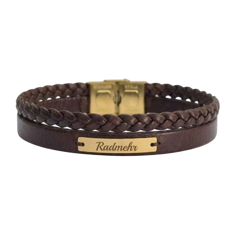 دستبند طلا 18 عیار مردانه با بند چرمی لیردا مدل اسم رادمهر 125050