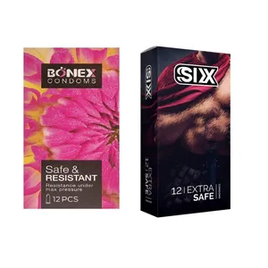 کاندوم بونکس مدل Safe & Resistant بسته 12 عددی به همراه کاندوم سیکس مدل Max Safety بسته 12 عددی