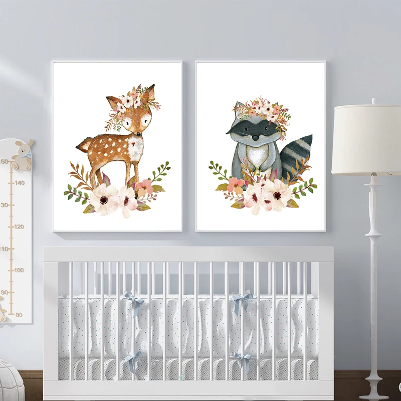  تابلو اتاق کودک و نوزاد الفاپ مدل آهو و راکون کد Flowers Animals 002 مجموعه 2 عدد