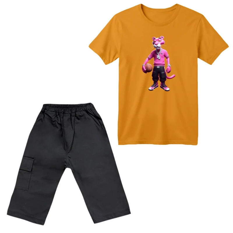 ست تی‌شرت آستین کوتاه و شلوارک پسرانه مدل پلنگ صورتی کد ۳