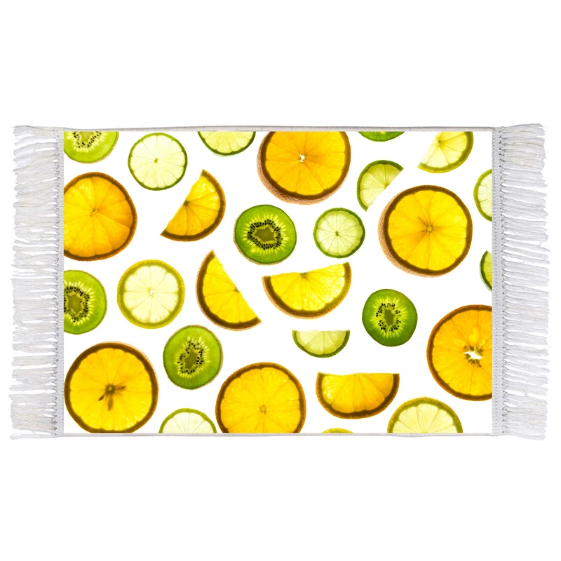 فرش ماشینی دیوارکوب اطلس آبی طرح میوه کیوی و پرتقال و لیمو مدل T1837 