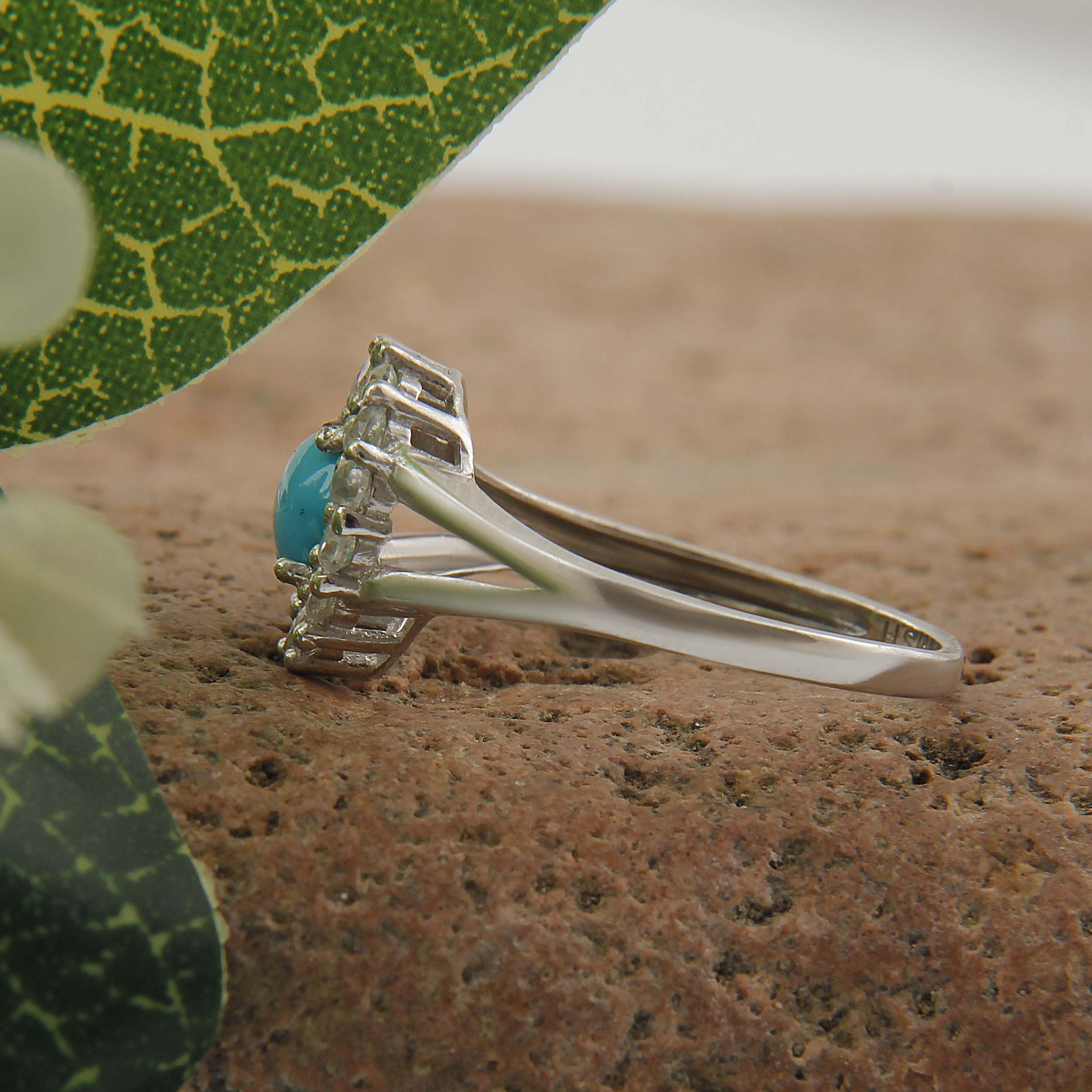 انگشتر نقره زنانه بازرگانی میلادی مدل سنگ فیروزه طبیعی نیشابور نگین برلیان بدون ریزش ابکاری رادیوم کد AWR_1594