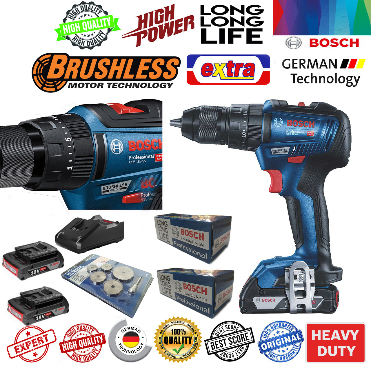 دریل شارژی چکشی شارژِی بوش مدل GSB18 V-50 Professional Brushless مجموعه 8 عددی