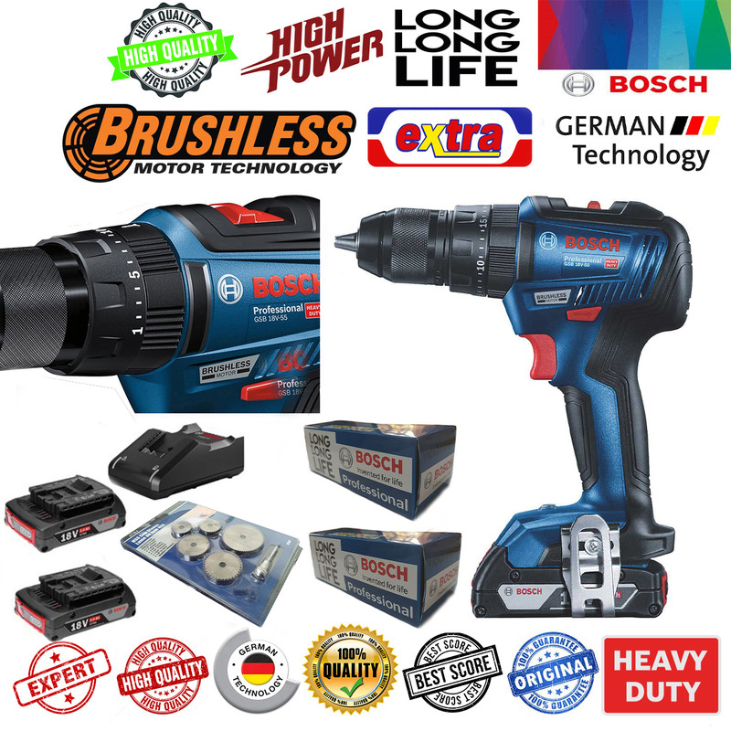 مجموعه 12 عددی دریل شارژی چکشی بوش مدل GSB18V50 EC Brushless 2Ah