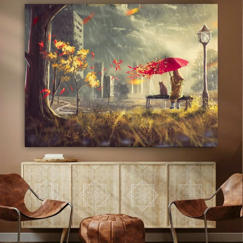  تابلو بوم طرح مخمل مدل دختر و گربه در پاییز کد BK2205